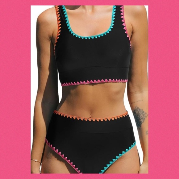 Black with colors outlines two pieces swimsuit. - Picture 1 of 6